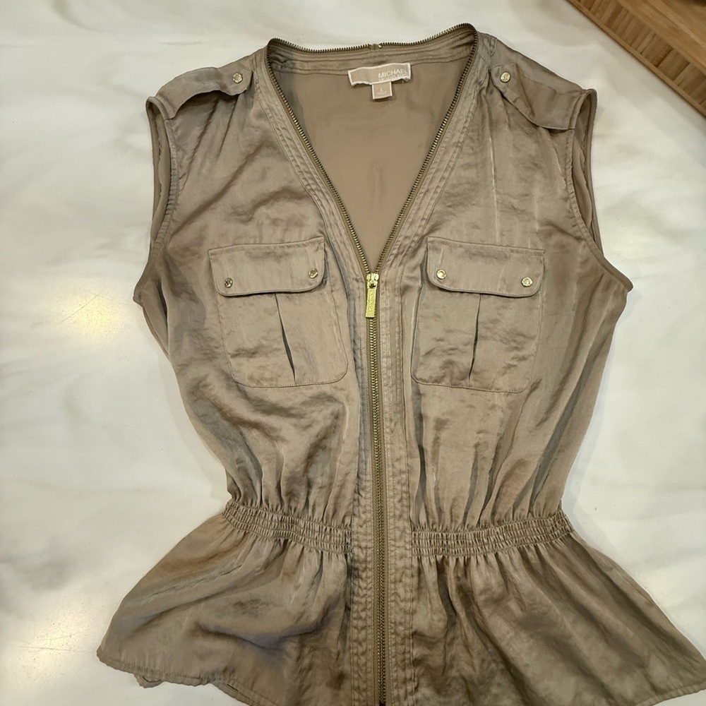 Michael Kors Tan Zip-Up Blouse satin
